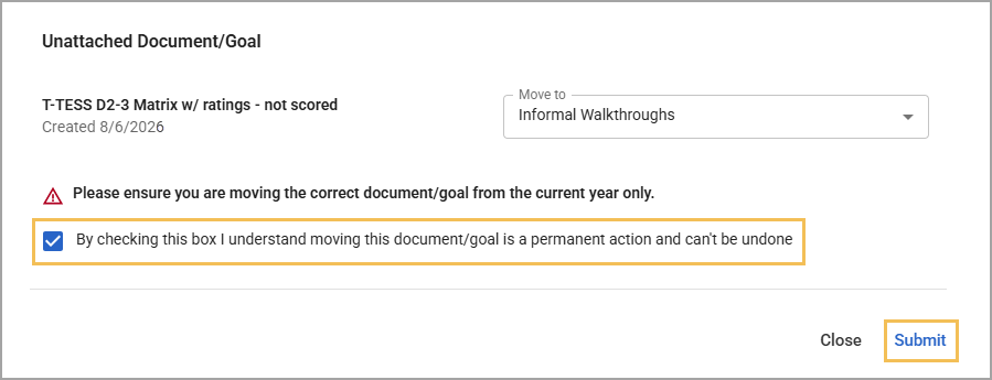 Warning about moving a document permanently, with a confirmation checkbox highlighted.